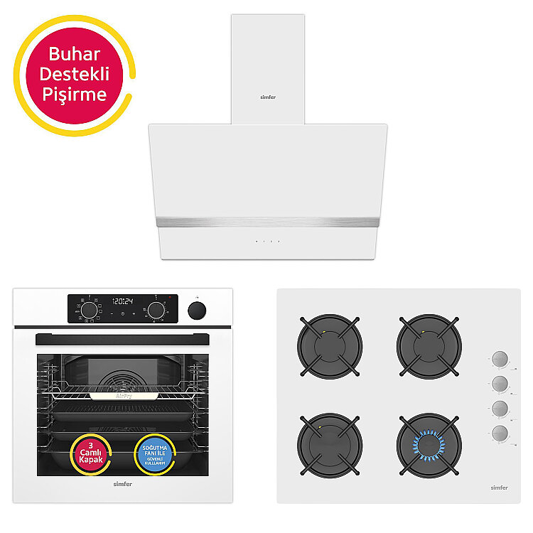 Simfer 11 Fonksiyon Steam Master Beyaz 3'lü Ankastre Set (8245 Fırın + 3654 Ocak + 8739 Davlumbaz) - Simfer