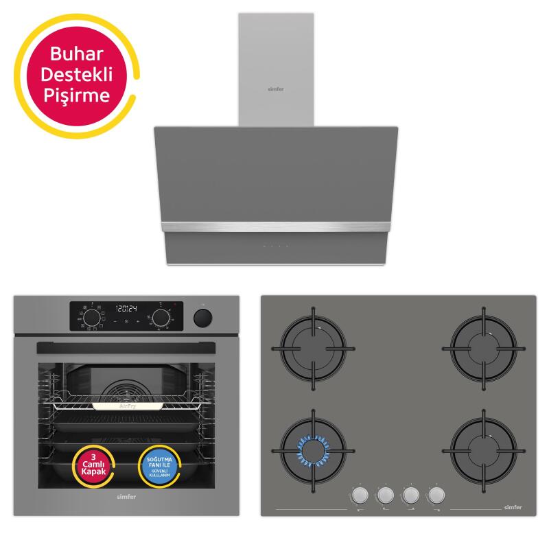 Simfer 11 Fonksiyon Steam Master Gri 3'lü Ankastre Set (8246 Fırın + 3656 Ocak + 8740 Davlumbaz) - 1
