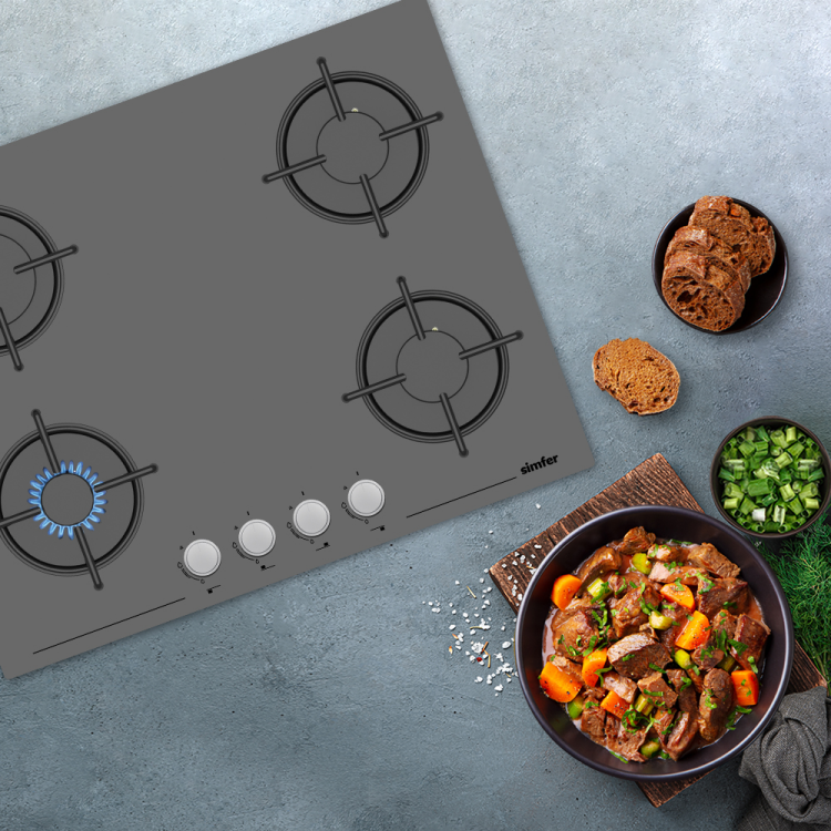 Simfer 3655 Silver/Gri 4 Gözlü Cam Ankastre Ocak, LPG Dönüşümlü, 65 cm - 2