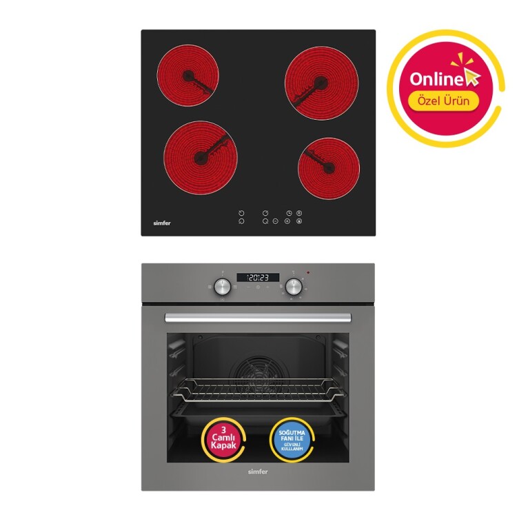 Simfer 4 Fonkisyon Trend Dijital Gri Power Turbo Elektrikli 2'li Ankastre Set (Fırın + Elektrikli Ocak) - Simfer