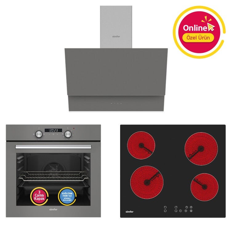 Simfer 4 Fonkisyon Trend Dijital Gri Power Turbo Elektrikli 3'lü Ankastre Set (Fırın + Elektrikli Ocak + Davlumbaz) - Simfer