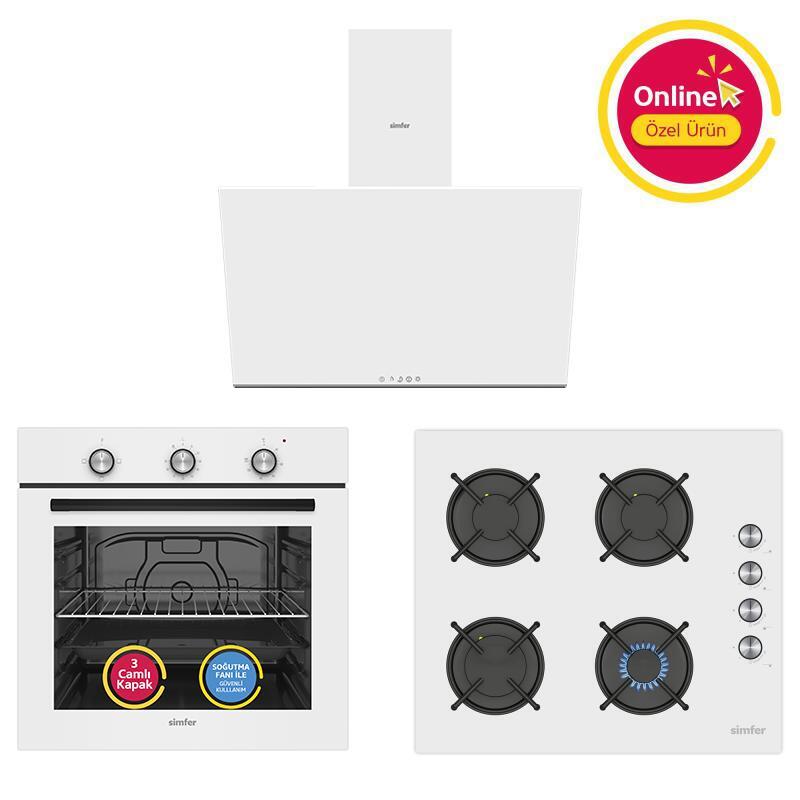 Simfer 4 Fonksiyon Trend Mekanik Beyaz Cam 3'lü Ankastre Set (Fırın + Ocak + Davlumbaz) - 1