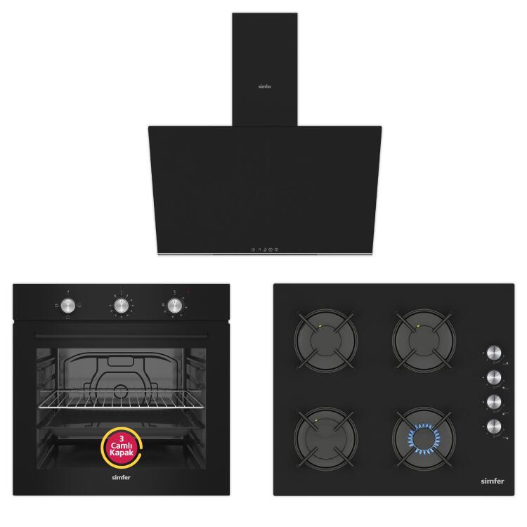 Simfer 4 Fonksiyon Trend Mekanik Siyah Cam 3'lü Ankastre Set (Fırın + Ocak + Davlumbaz) - Simfer