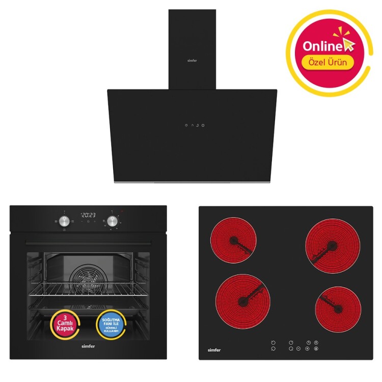 Simfer 4 Fonksiyon Trend Dijital Siyah Power Turbo Elektrikli 3'lü Ankastre Set (Fırın + Elektrikli Ocak + Davlumbaz) - Simfer