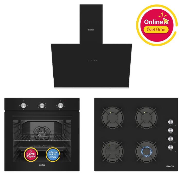 Simfer 4 Fonksiyon Trend Mekanik Siyah Power Turbo 3'lü Ankastre Set (Fırın + Ocak + Davlumbaz) - Simfer
