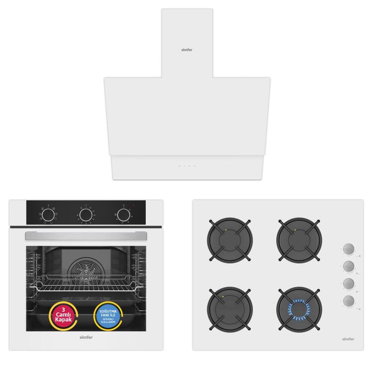 Simfer 9 Fonksiyon QS Mekanik Beyaz Büyük Pop-Up 3'lü Ankastre Set (8221 Fırın + 3507 Ocak + 8704 Davlumbaz) - Simfer