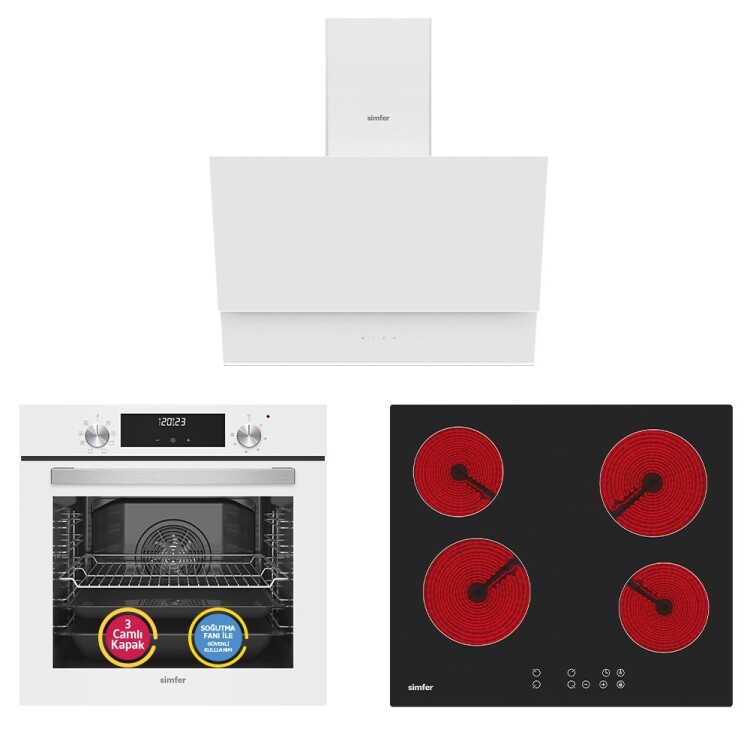 Simfer 9 Fonksiyon QS Beyaz Dijital Power Turbo Elektrikli 3'lü Ankastre Set (Fırın + Elektrikli Ocak + Davlumbaz) - Simfer