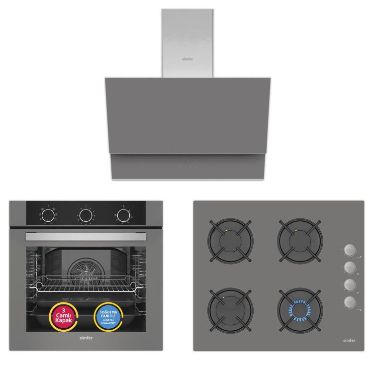 Simfer 9 Fonksiyon QS Mekanik Gri Büyük Pop-Up 3'lü Ankastre Set (8222 Fırın + 3538 Ocak + 8736 Davlumbaz) - Simfer