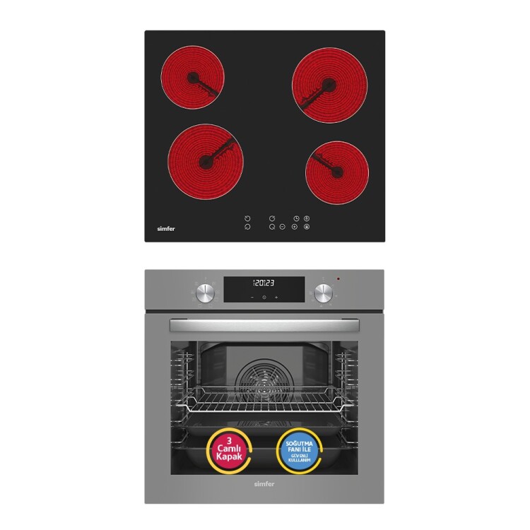 Simfer 9 Fonksiyon QS Gri Dijital Power Turbo Elektrikli 2'li Ankastre Set (Fırın + Elektirikli Ocak) - Simfer