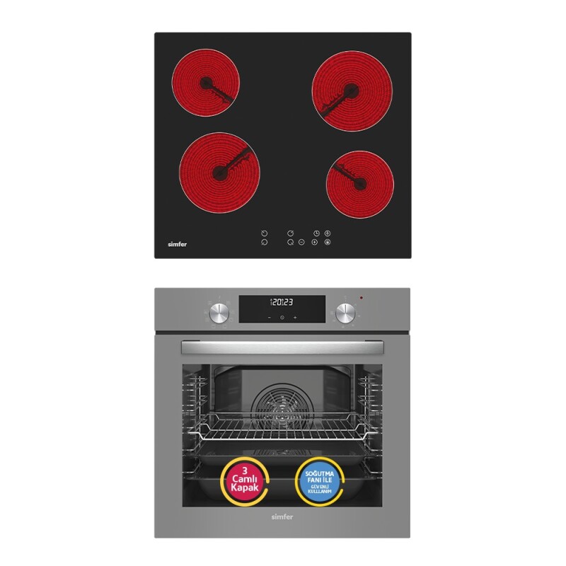 Simfer 9 Fonksiyon QS Gri Dijital Power Turbo Elektrikli 2'li Ankastre Set (Fırın + Elektirikli Ocak) - 1