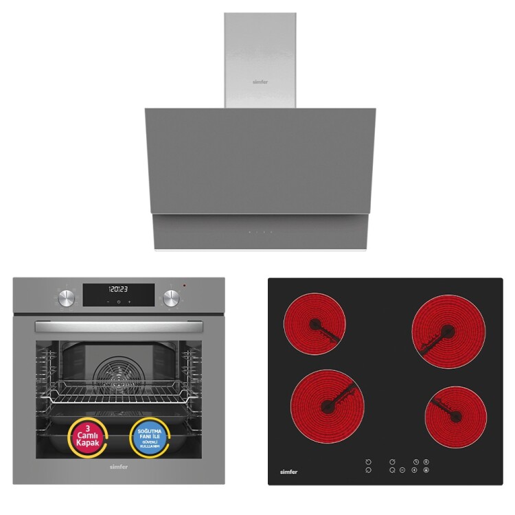 Simfer 9 Fonksiyon QS Gri Dijital Power Turbo Elektrikli 3'lü Ankastre Set (Fırın + Elektirikli Ocak + Davlumbaz) - Simfer