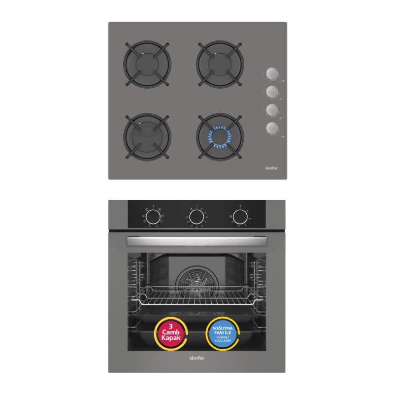Simfer 9 Fonksiyon QS Mekanik Gri Büyük Pop-Up 2'li Ankastre Set (8222 Fırın + 3538 Ocak) - 1