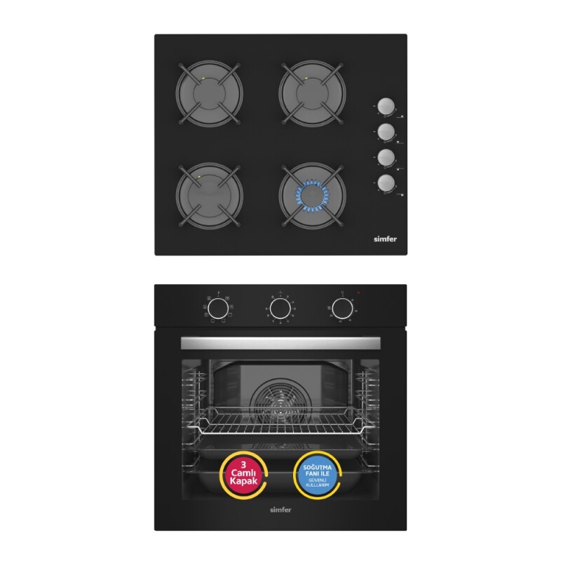 Simfer 9 Fonksiyon QS Mekanik Siyah Büyük Pop-Up 2'li Ankastre Set (8220 Fırın + 3500 Ocak) - 1
