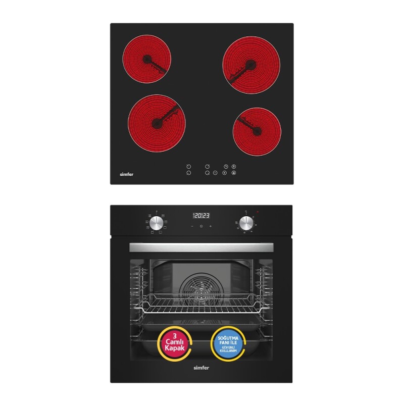 Simfer 9 Fonksiyon QS Siyah Dijital Power Turbo Elektrikli 2'li Ankastre Set (Fırın + Elektrikli Ocak) - 1