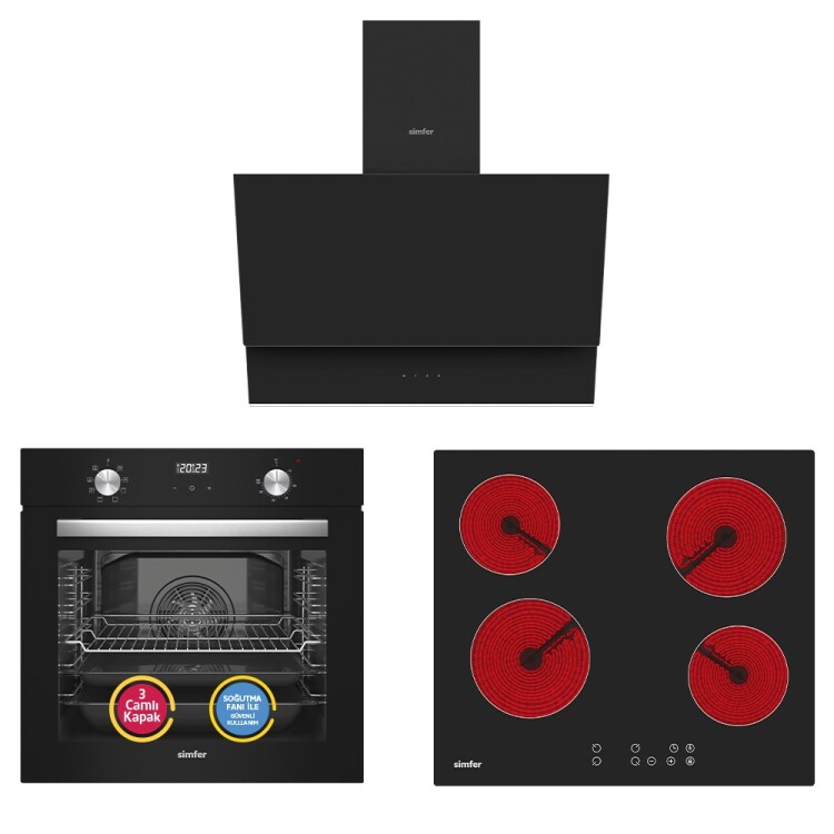 Simfer 9 Fonksiyon QS Siyah Dijital Power Turbo Elektrikli 3'lü Ankastre Set (Fırın + Elektrikli Ocak + Davlumbaz) - Simfer