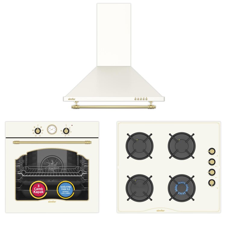 Simfer 9 Fonksiyon Retro Bej 3'lü Ankastre Set (8218 Fırın + 3326 Ocak + 8716 Davlumbaz) - Simfer