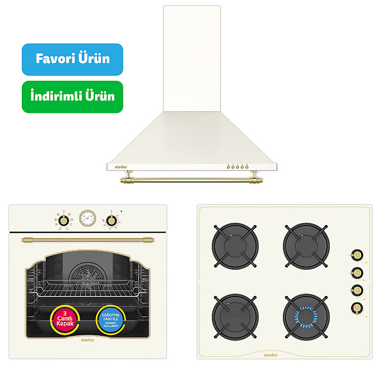 Simfer 9 Fonksiyon Retro Bej 3'lü Ankastre Set (8218 Fırın + 3326 Ocak + 8716 Davlumbaz) - Simfer