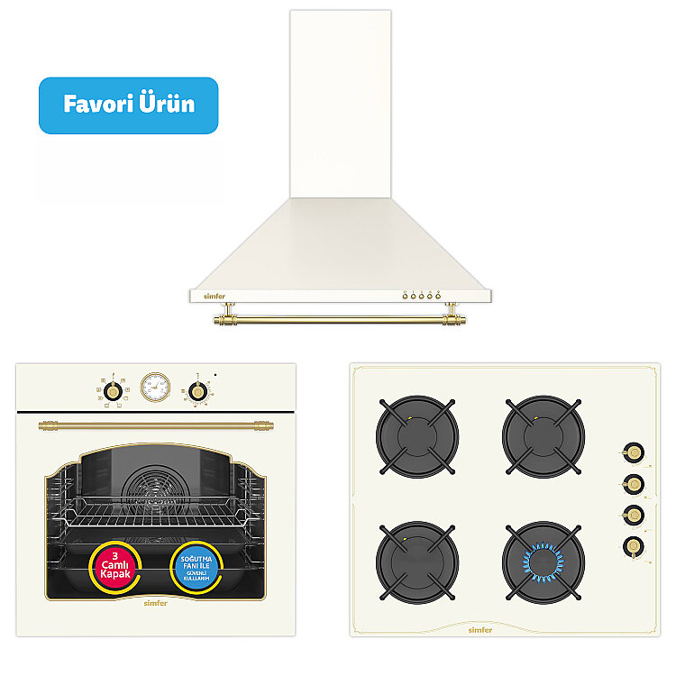 Simfer 9 Fonksiyon Retro Bej 3'lü Ankastre Set (8218 Fırın + 3326 Ocak + 8716 Davlumbaz) - Simfer