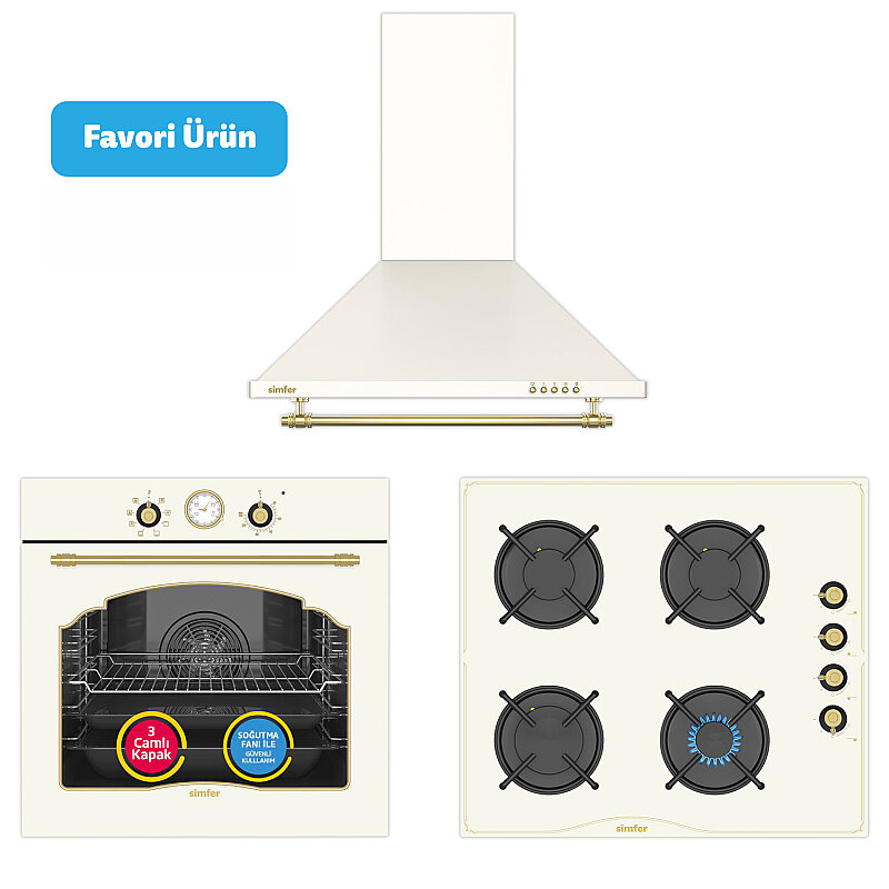 Simfer 9 Fonksiyon Retro Bej 3'lü Ankastre Set (8218 Fırın + 3326 Ocak + 8716 Davlumbaz) - 1
