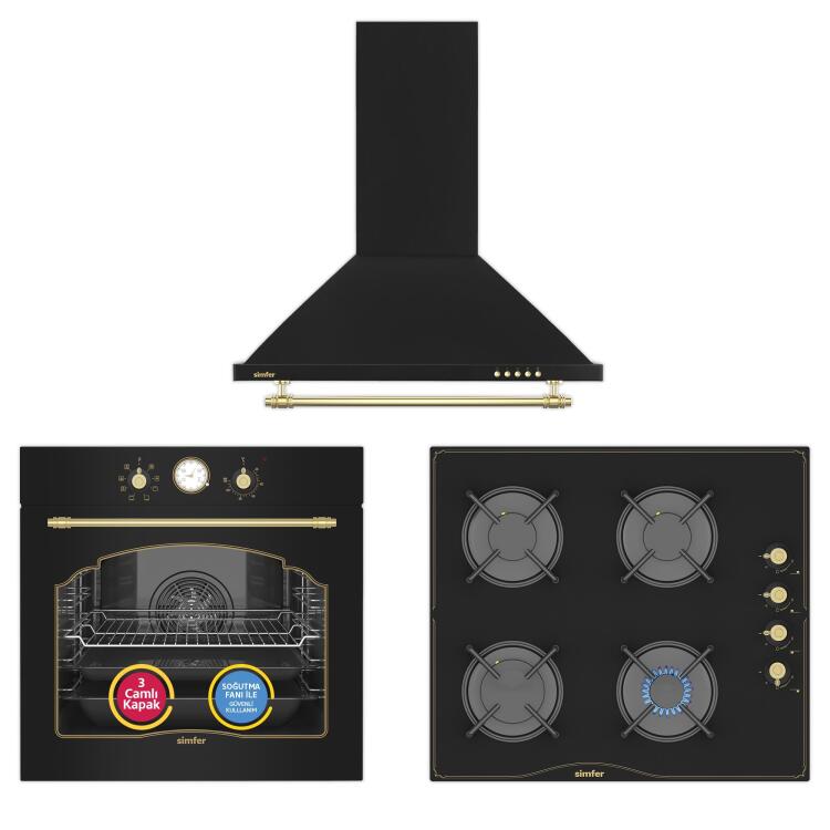 Simfer 8 Fonksiyon Retro Siyah Multi Turbo 3'lü Ankastre Set (7349 Fırın + 3325 Ocak + 9612 Davlumbaz) - Simfer