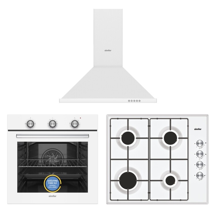 Simfer Trend Dijital Beyaz Turbo Özellikli Emaye Ocaklı Piramit Davlumbazlı 3'lü Ankastre Set - 1