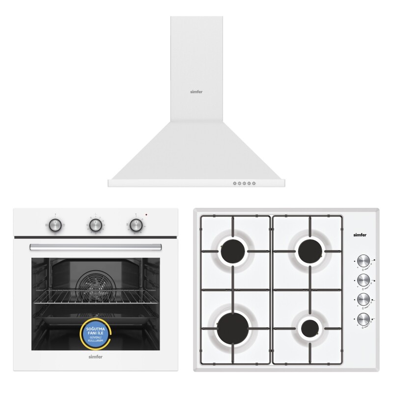 Simfer Trend Dijital Beyaz Turbo Özellikli Emaye Ocaklı Piramit Davlumbazlı 3'lü Ankastre Set - 1