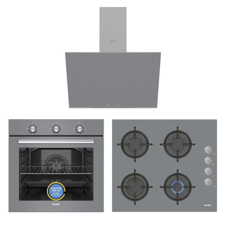 Simfer Trend Mekanik Gri 3'lü Cam Ankastre Set (Fırın + Ocak + Davlumbaz) - 1