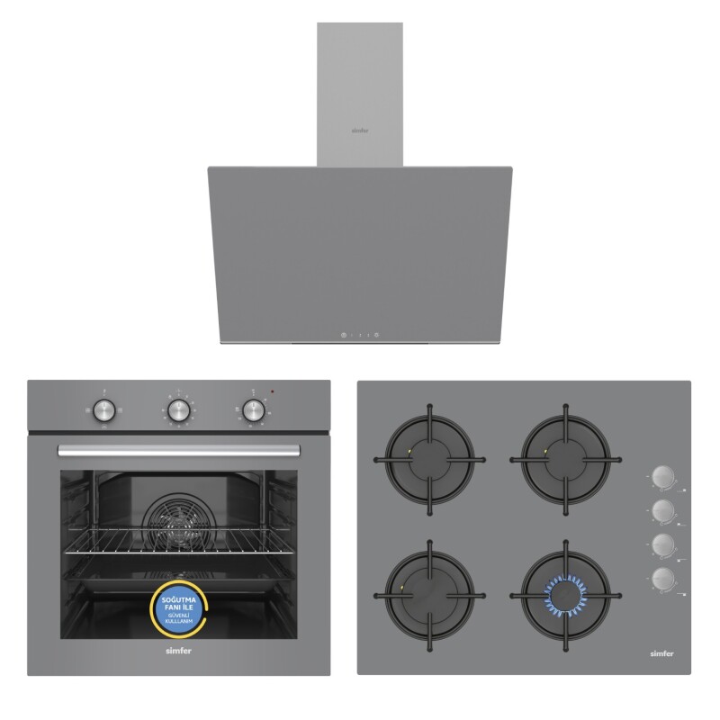 Simfer Trend Mekanik Gri 3'lü Cam Ankastre Set (Fırın + Ocak + Davlumbaz) - 1